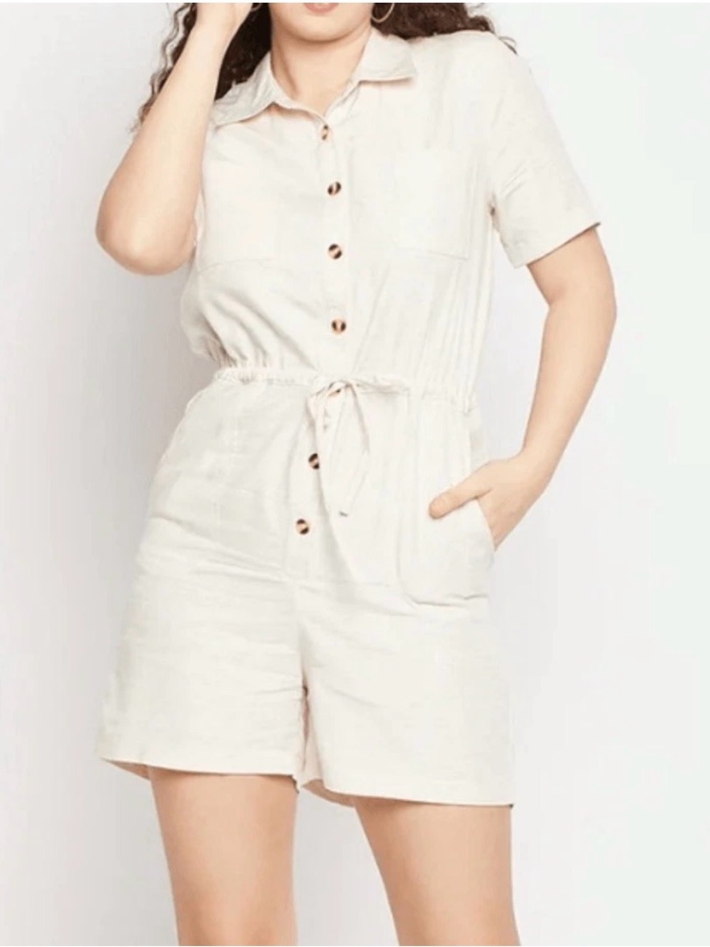 Cream Short-Sleeve Button Romper